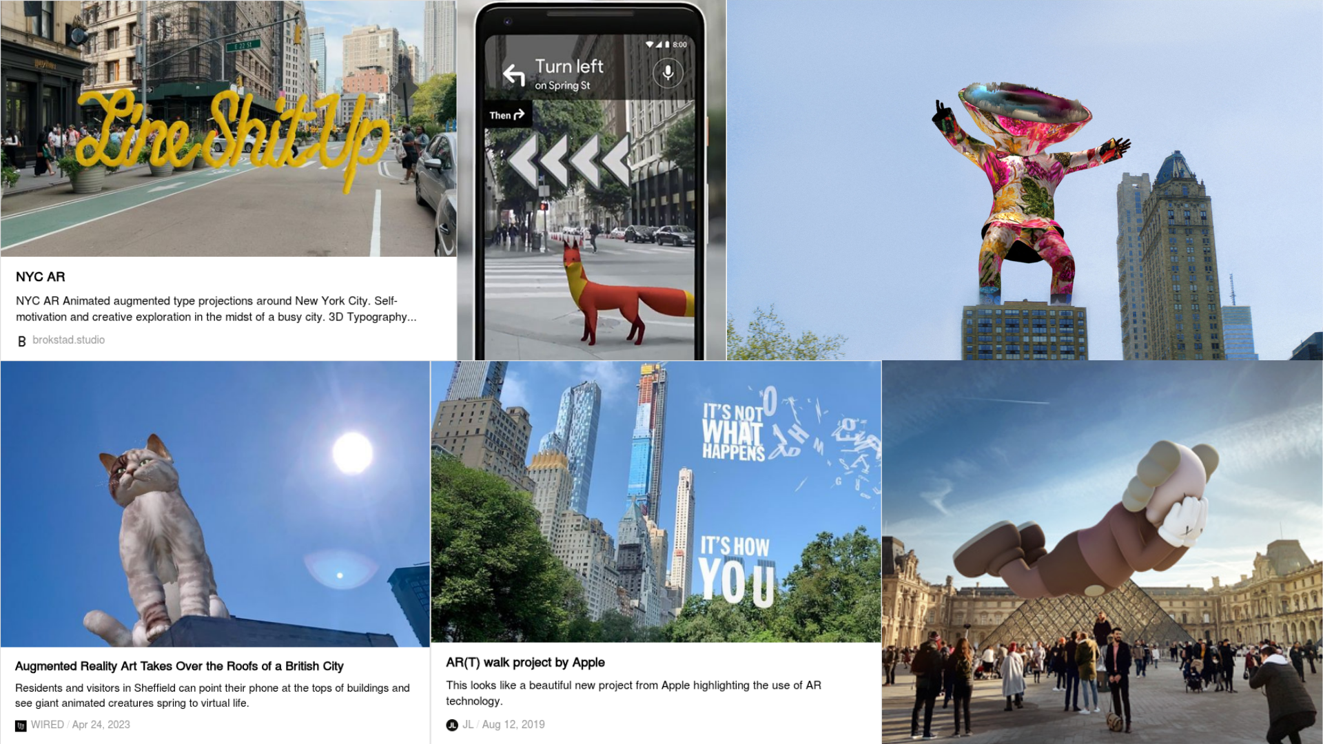 Comparative analysis board of AR and text-based public artworks in other cities, used as reference during concept development.