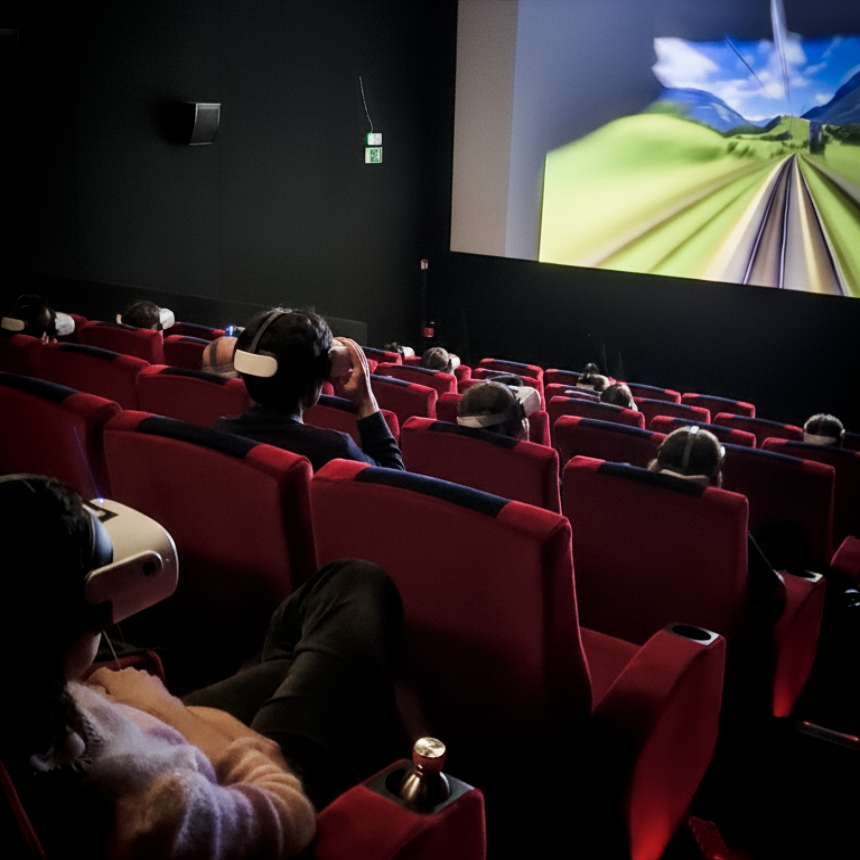 A cinema audience wearing VR headsets, with 360° film content projected on the screen in front of them.